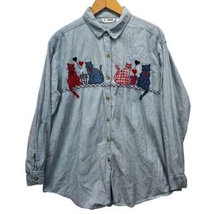 VJ Woman Button Down Shirt Sz 20 VTG 90s Striped Embroidered Cat Roll Tab Sleeve